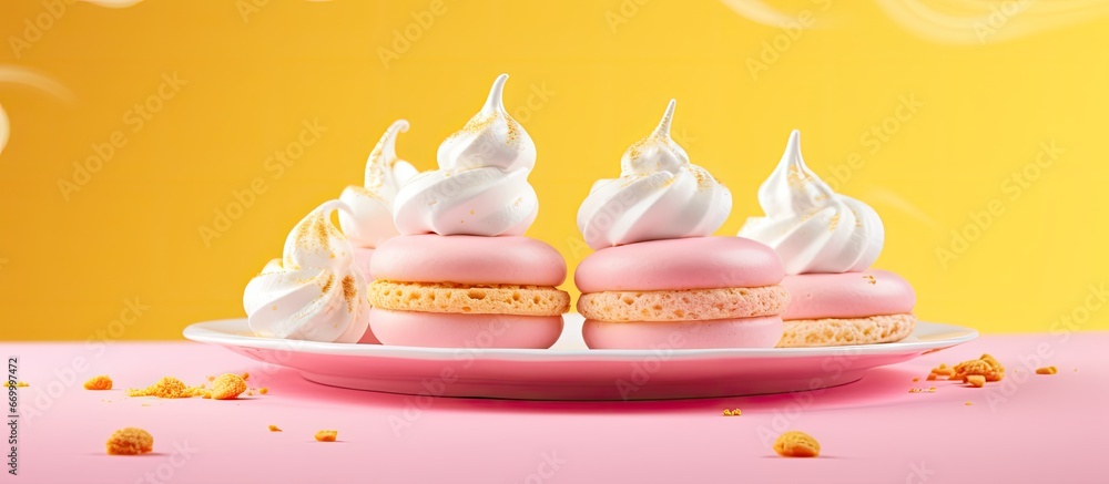 Poster meringue dessert on a colorful background floating round cakes levitation theme building with cookie