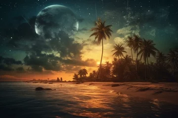 Papier Peint photo autocollant Pleine lune Stunning retro artwork of a tropical night beach with a starry sky and full moon in vintage tones. Generative AI