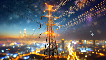 high voltage tower and power lines with abstract defocused city lights at night transmission of electricity for urban life - obrazy, fototapety, plakaty