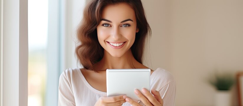 Happy woman using e reader at home with a smile