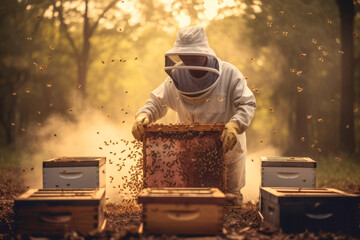 Organic honey collection by a beekeeper in protective costume - obrazy, fototapety, plakaty