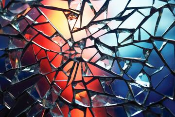 Shattered glass window with sharp, abstract patterns.