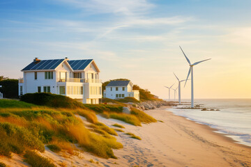 A coastal house with a view of offshore wind turbines, showcasing a perfect blend of real estate and renewable energy technology, providing a sustainable and eco-friendly living environment.