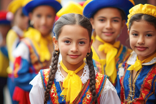A group of Colombian children dressed in colorful traditional folk clothing, celebrating a joyful and vibrant festival in their community.