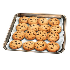 Chocolate chip cookies on a baking tray, png isolated on a transparent background, watercolor clipart illustration