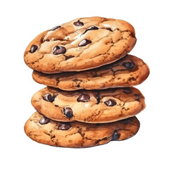 Chocolate chip cookies in a pile, png isolated on a transparent background, watercolor clipart illustration