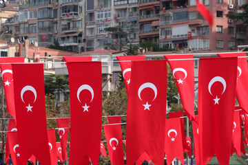 Lots of Turkish flags with building background. Turkey national day republic day indepence day...