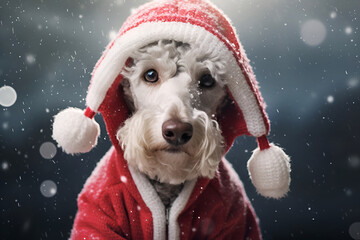 gray dog bedlington terrier whippet in red Christmas hat and jacket near on snowy background...