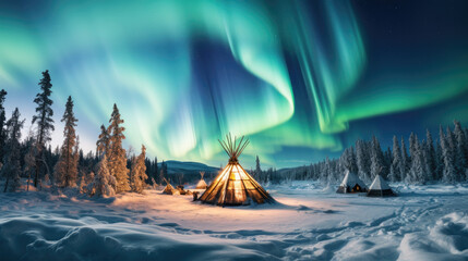 A tent in a winter landscape with aurora skies
