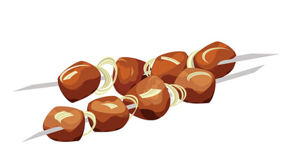 Kebab,shashlik,grilled on skewer,food meat.Grilled BBQ food.Traditional cooking of toothsome steak,juicy barbecue,kebab.Grilled meat and Onion.Flat Vector illustration isolated, white background