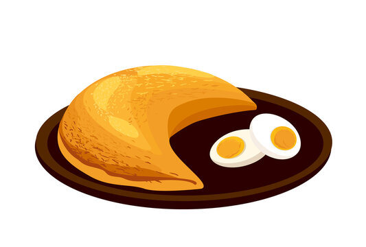 Khachapuri Pastry filled with cheese and boiled eggs that comes from Georgias Guria region. Traditional georgian dish,Kartuli Baked bread filled with cheese and egg.Flat Vector Illustration isolated