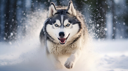 A beautiful Husky running outside in the snow. Generative AI