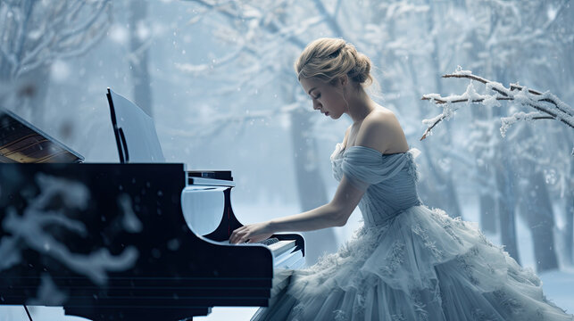 A young woman in a white dress plays a black piano outside in winter