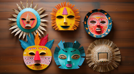Children's homemade masks on a wooden table
