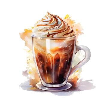 Coffee hot drink in a cup, png isolated on a transparent background, watercolor clipart illustration
