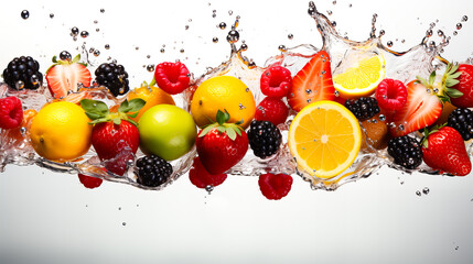 Fresh fruits falling into water with splash on white background. Healthy food concept. Generative AI technology. © Grycaj