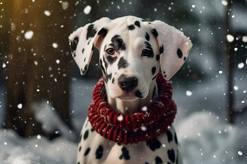 Generative AI. Portrait of a happy Dalmatian sitting outside in a warm scarf. Winter walk