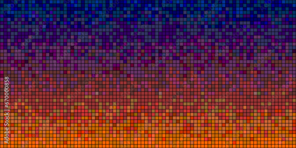 Aufkleber pixel sunset sky with a bright gradient from orange to purple and dark blue in retro game style with