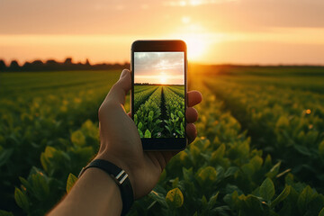 Taking photos of the fields with smartphone - obrazy, fototapety, plakaty