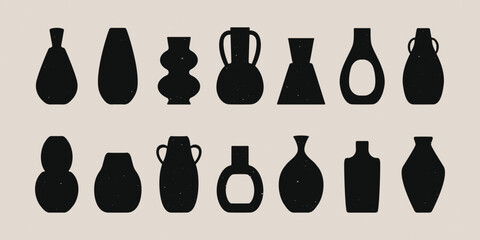 Ancient pottery set. Ceramic vase pot jar black silhouettes various shapes, hand drawn isolated icons. Vector illustration - obrazy, fototapety, plakaty