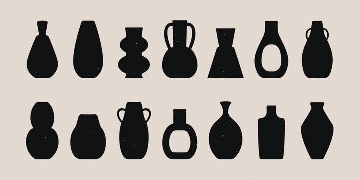 Ancient pottery set. Ceramic vase pot jar black silhouettes various shapes, hand drawn isolated icons. Vector illustration
