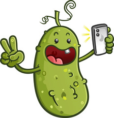 Cute childish pickle  baby influencer cartoon character posting to take a selfie with a smart phone camera for their social media followers vector clip art - obrazy, fototapety, plakaty