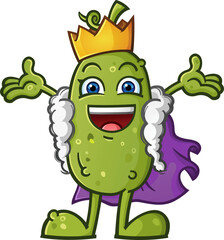 King pickle, the exalted benevolent ruler of the pickle ball kingdom offing a hug to their royal subjects and wearing a golden crown and a royal purple suede cape