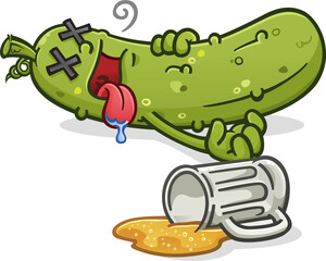 Drunk pickle cartoon who drank way too much cold beer from his mug  passed out cold in a stupor on the bar floor with crosses for eyes and his tongue sticking out drooling vector clip art illustration - 670001055