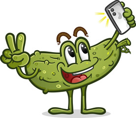 Smiling pickle cartoon character taking a selfie photo with a smart phone and and flashing a peace sign hand gesture to the camera