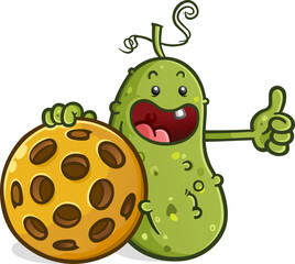 Pickle cartoon character with a baby Face and Toothy Smile giving a thumbs up and holding a giant pickleball