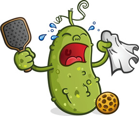 Pickle Cartoon Character weeping and sobbing into a tissue and holding a paddle with tears streaming out of his eyes while throwing a fit after losing a pickleball game vector clip art - 670001091