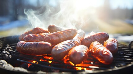 Grilled hot sausages, outdoors in winter. - obrazy, fototapety, plakaty