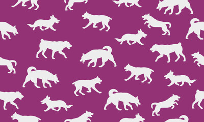 Dog silhouettes different breeds in various poses. Endless texture. Seamless pattern. Design for fabric, decor, wallpaper, wrapping paper, printing. Vector illustration.