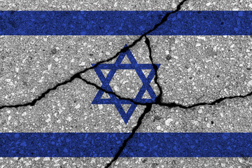 Israel flag on cracked concrete wall. The concept of crisis, default, economic collapse, pandemic,...