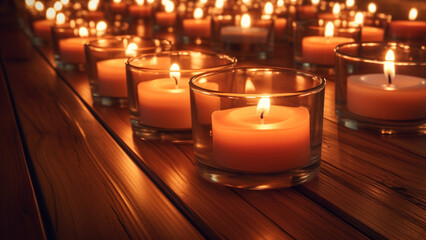 candles with warm tone lighting on wooden floor. peaceful and calm concept