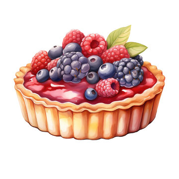 Fruit tart, strawberry and blueberry dessert cake, cream pie with forest fruites for breakfast png isolated on a transparent background, watercolor clipart illustration
