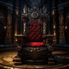 Red royal chair on a red and black background, VIP throne, Red royal throne