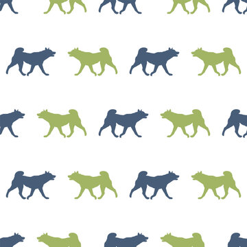Dog silhouette. Walking american akita puppy isolated on a white background. Seamless pattern. Endless texture. Design for fabric, template, printing. Vector illustration.