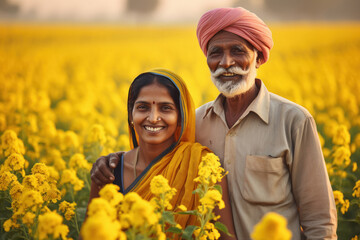 Indian rural happy farmer couple standing in farm - obrazy, fototapety, plakaty