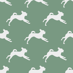 Running petit brabancon puppy isolated on a green background. Seamless pattern. Endless texture. Design for wallpaper, fabric, template, printing. Vector illustration.