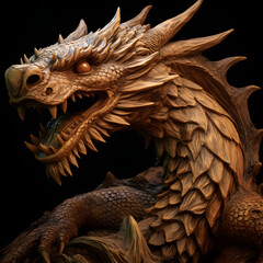 Wooden Dragon Sculpture: Visuals of a stunning wooden dragon sculpture carved from rich green wood, showcasing craftsmanship and mythical beauty