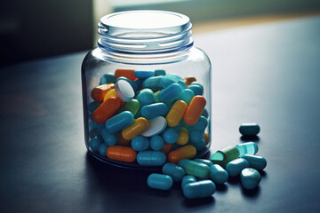 various colorful pills in glass bottle