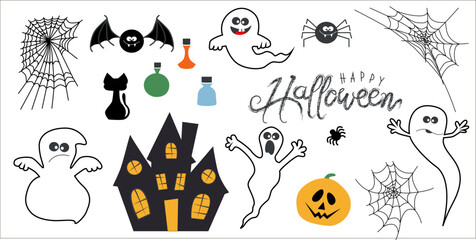 Happy Halloween Magic collection, witch, wizard attributes, creepy and spooky elements for halloween decorations, doodle silhouettes, sketch, icon, sticker. Hand drawn vector illustration.	
