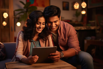 beautiful young indian couple using tablet - obrazy, fototapety, plakaty