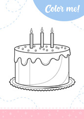 Coloring page for kids with birthday cake.
A printable worksheet, vector illustration.