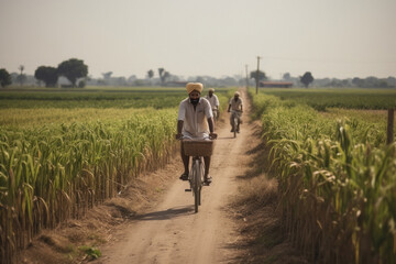 Indian farmer going on bicycle - obrazy, fototapety, plakaty