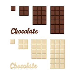 Set of dark and white chocolate bar. Yummy dark bitter and milky choco part . Cacao sweet food design. Flat vector illustration isolated on white background.	