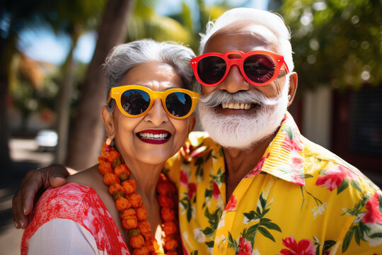 Happy smiling senior couple wearing sunglasses