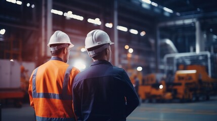 Engineers and factory managers wearing safety helmet inspect the machines in the production. inspector opened the machine to test the system to meet the standard. machine, maintenance