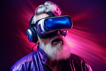 Generative AI image of headset user in vr glasses watching surreal fantasy world isolated on colorful neon background